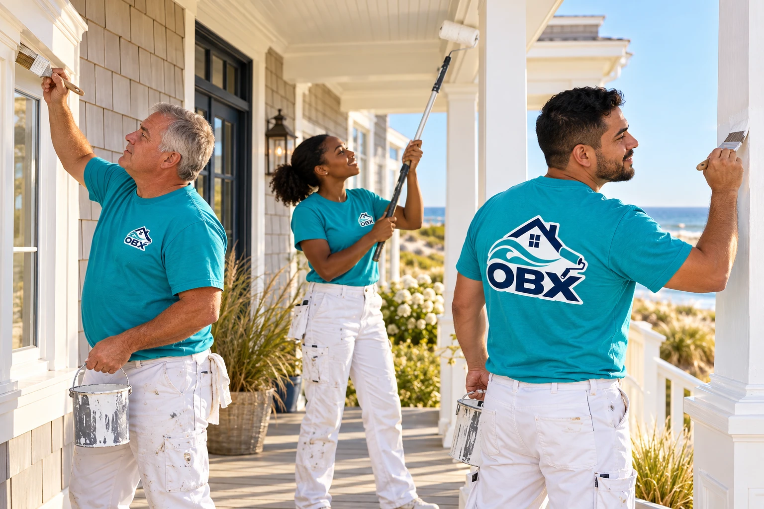 Illustrative painters wearing teal OBX Coastal logo shirts and white painter pants outside a coastal house